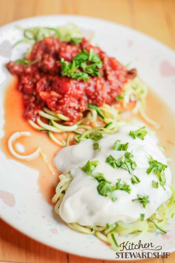 zoodle spaghetti with white sauce or red sauce