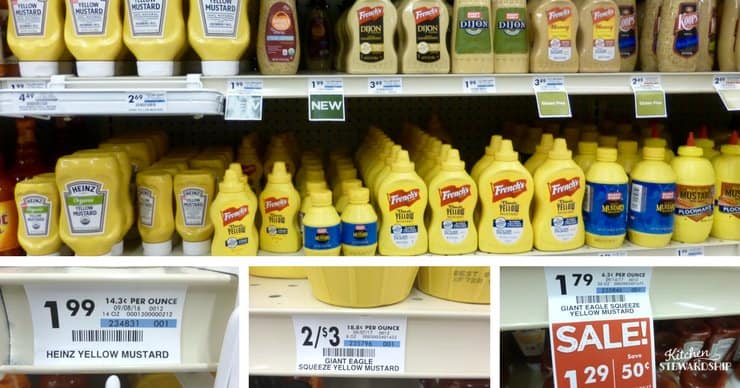 mustard and condiments on grocery store shelf