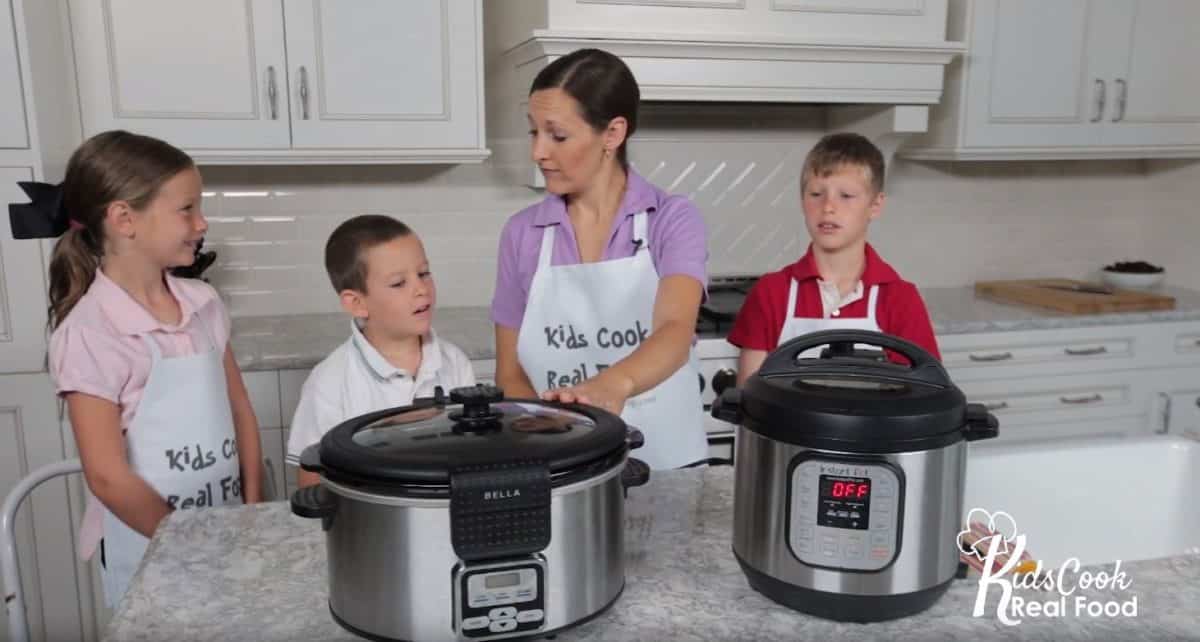 Katie Kimball teaching kids about the Instant Pot and the slow cooker