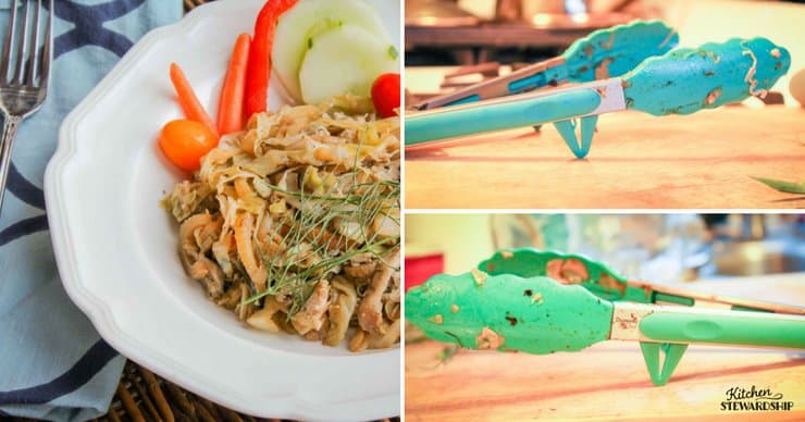 Completed fennel apple chicken meal shown in a collage with two kitchen tongs.