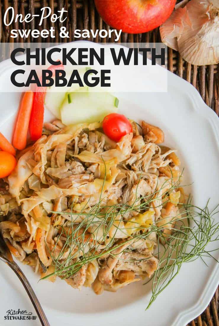 One-pot sweet and savory chicken with cabbage on a white plate. 