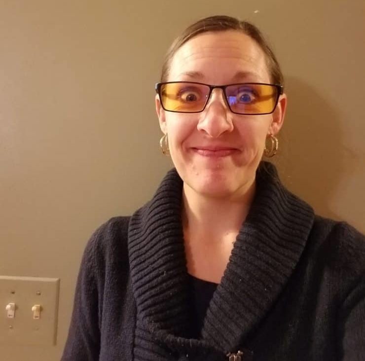 Katie Wearing Blue Blocker Glasses