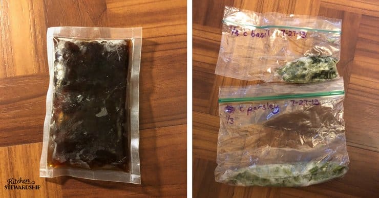 Frozen sauce packet and herbs.