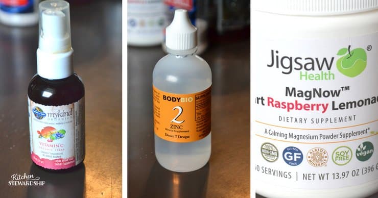 Bottles of Garden of life vitamin c, BodyBio zinc drops, Jigsaw Health Magnesium powder.