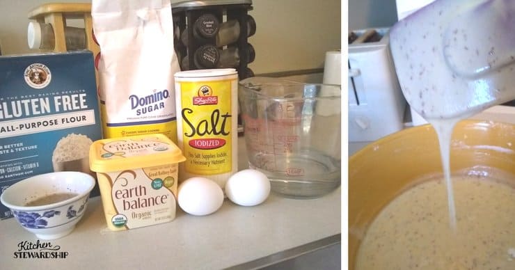 Ingredients for gluten-free, dairy-free pastry next to a bowl of the batter that is too runny.