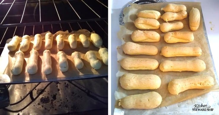 Gluten-free dairy-free eclairs baking and done on parchment paper.