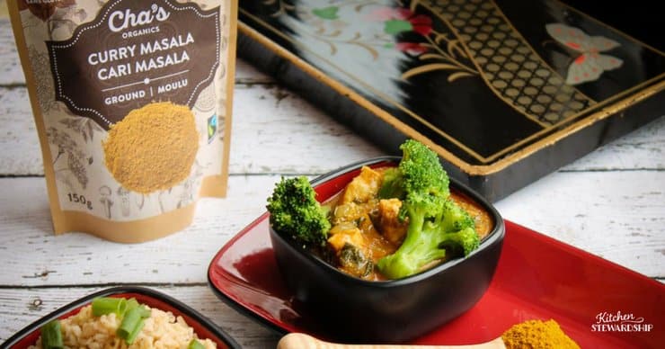 Chas curry masala seasoning, brown rice and chicken curry masala with bok choy and broccoli 