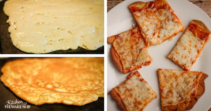 Uncook gluten-free pizza crust, half way cooked gluten-free pizza crust and the finished cheese pizza with a crispy gluten-free crust.