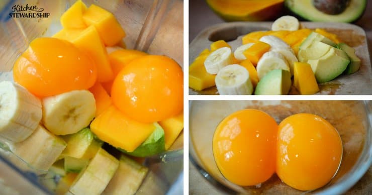 Ingredients for nutrient dense, creamy dairy free smoothie. Avocado, banana, and mangoes chopped up with farm fresh egg yolks..