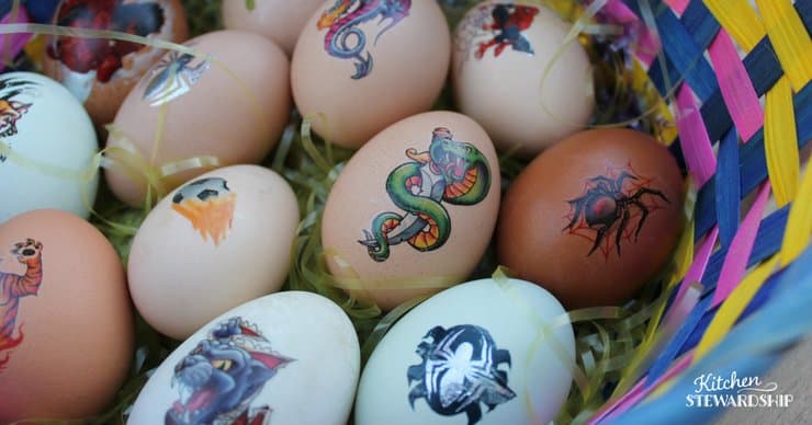 Easter basket of eggs decorated with temporary tattoos.
