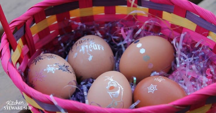 Easter basket of eggs decorated with temporary tattoos.