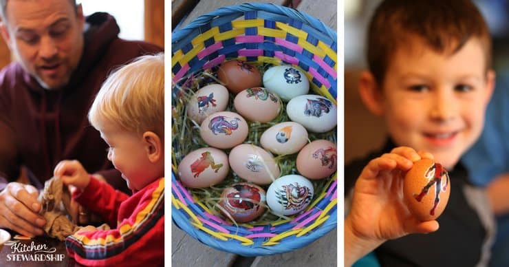 Dad and son decorating Easter eggs. Basket of Easter eggs decorated with temporary tattoos. Young boy holding Easter egg decorated with temporary tattoo.