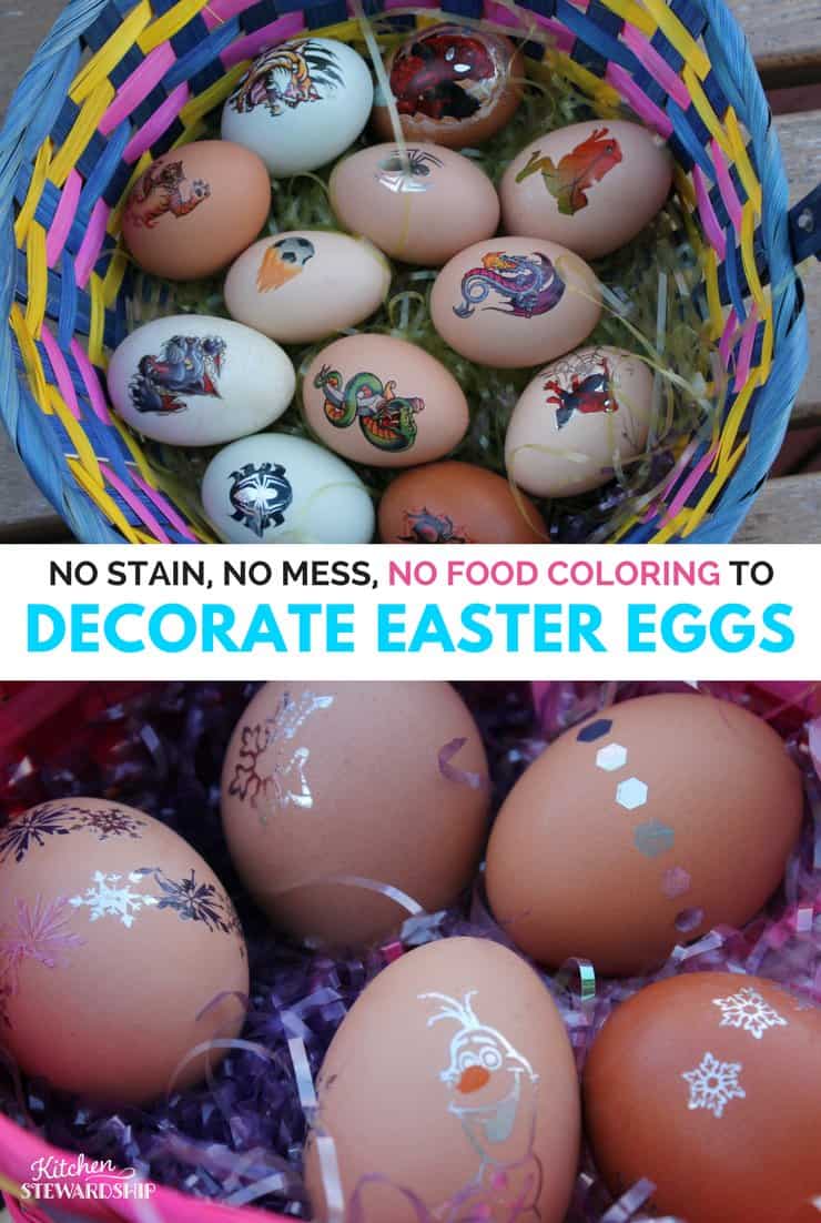 Easter basket of eggs decorated with temporary tattoos. Words read, "No Stain, No Mess, No Food Coloring to Decorate Easter eggs.