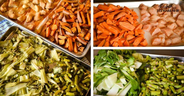 Sheet pan dinner - chicken, sweet potatoes, bok choy and asparagus. Before and after roasting. 