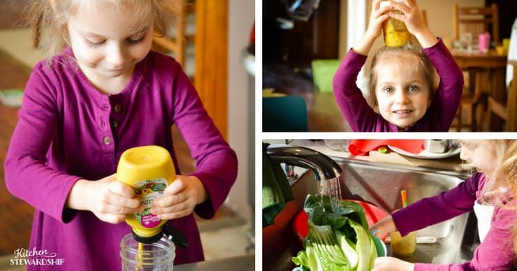 Toddler girl making salad dressing and washing bok choy.