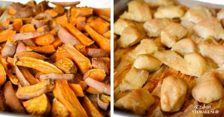 Sheet pan dinner of roasted sweet potatoes and chicken breasts. 