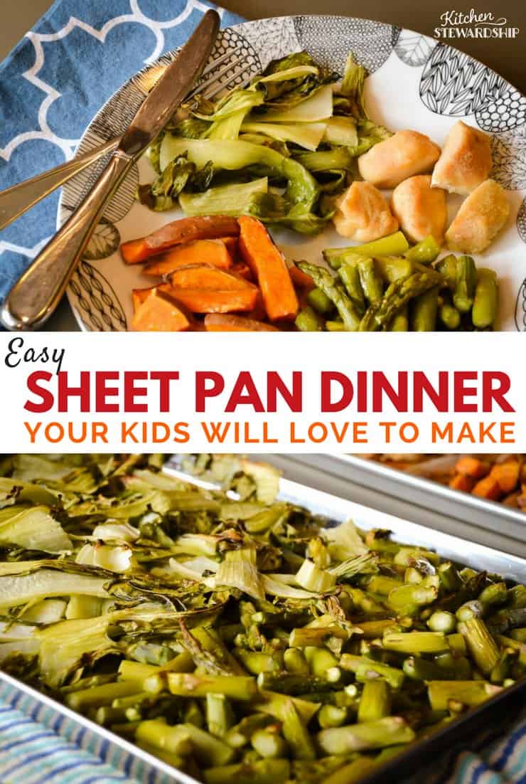 Plate with chicken, roasted asparagus, roasted sweet potatoes and bok choy.