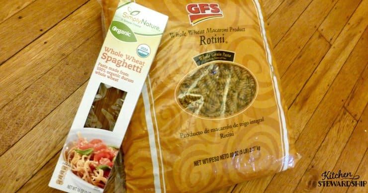 Box of whole wheat spaghetti and bag of whole wheat rotini from Gordon Food Services