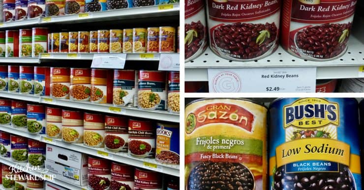 Canned beans on shelves at Gordon Food Service.