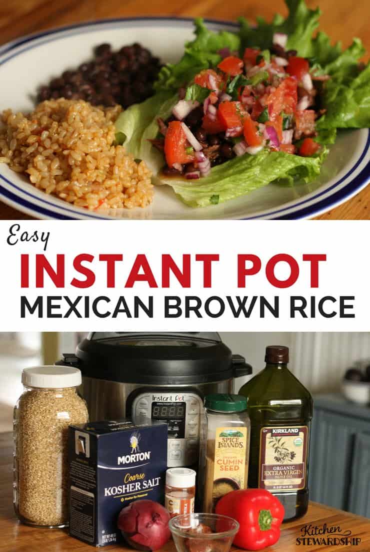 Plate with Instant Pot Mexican brown rice, black beans and a lettuce wrapped taco. Ingredients and instant pot on the counter. Pressure cooker Mexican rice.