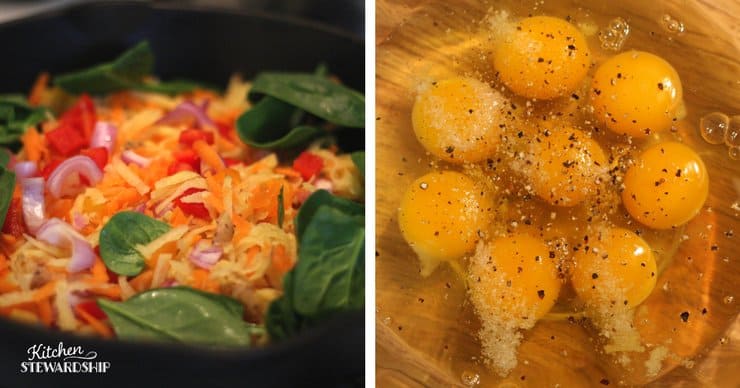 Mixture of spinach, shredded cheese, red bell pepper and red onion. Bowl of fresh cracked eggs with salt and pepper.