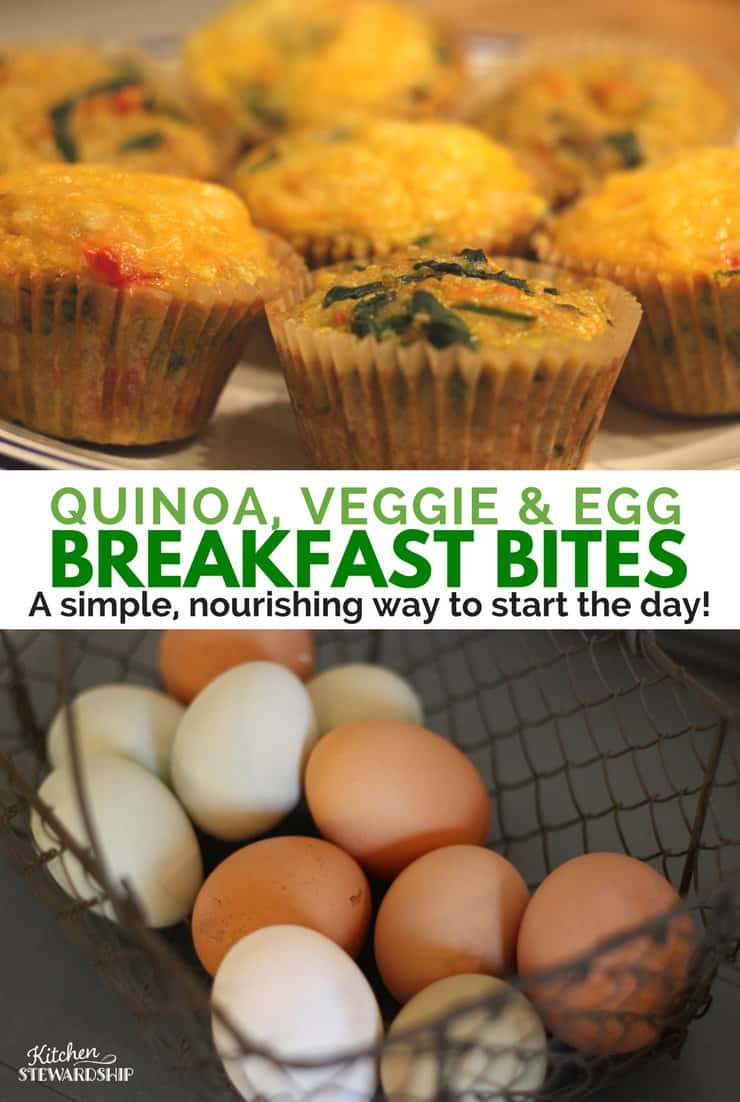 Top photo: breakfast egg bites with quinoa and veggies. Bottom picture: farm fresh eggs in a metal basket. Words read: Quinoa, veggie and egg breakfast bites A simple nourishing way to start the day!