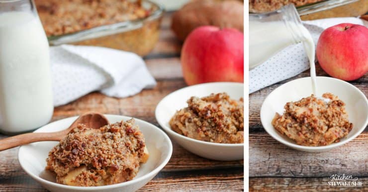 Sweet potato breakfast bake in a white bowl on a wood table with an apple and jar of milk. 