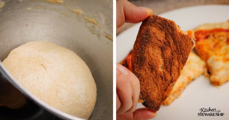 rising pizza dough and brown crispy whole wheat pizza dough crust. 