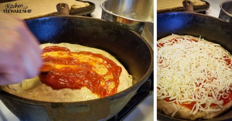 Whole grain einkorn pizza dough in a cast iron skillet. Spreading with tomato sauce and topping with cheese. 