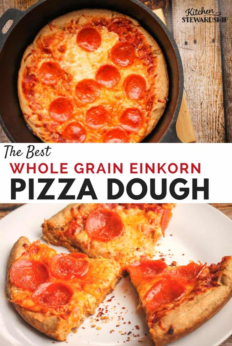 Pepperoni pizza on a crispy crusted einkorn pizza crust in a cast iron skillet and on a plate.
