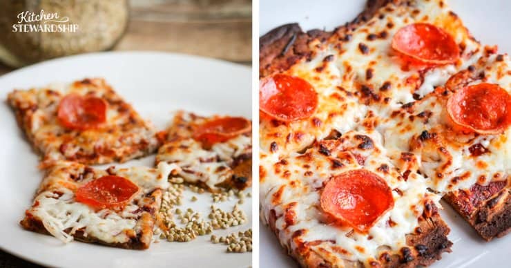 Finished whole grain einkorn flour pepperoni pizza on a plate.