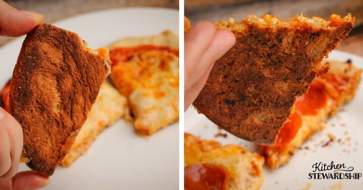 Showing the brown crispy crust of the whole wheat and einkorn pizza crusts.