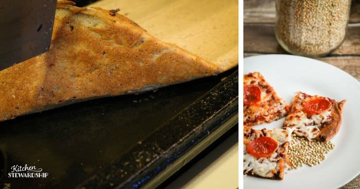 whole grain buckwheat gluten-free pizza crust, showing the crispy brown crust