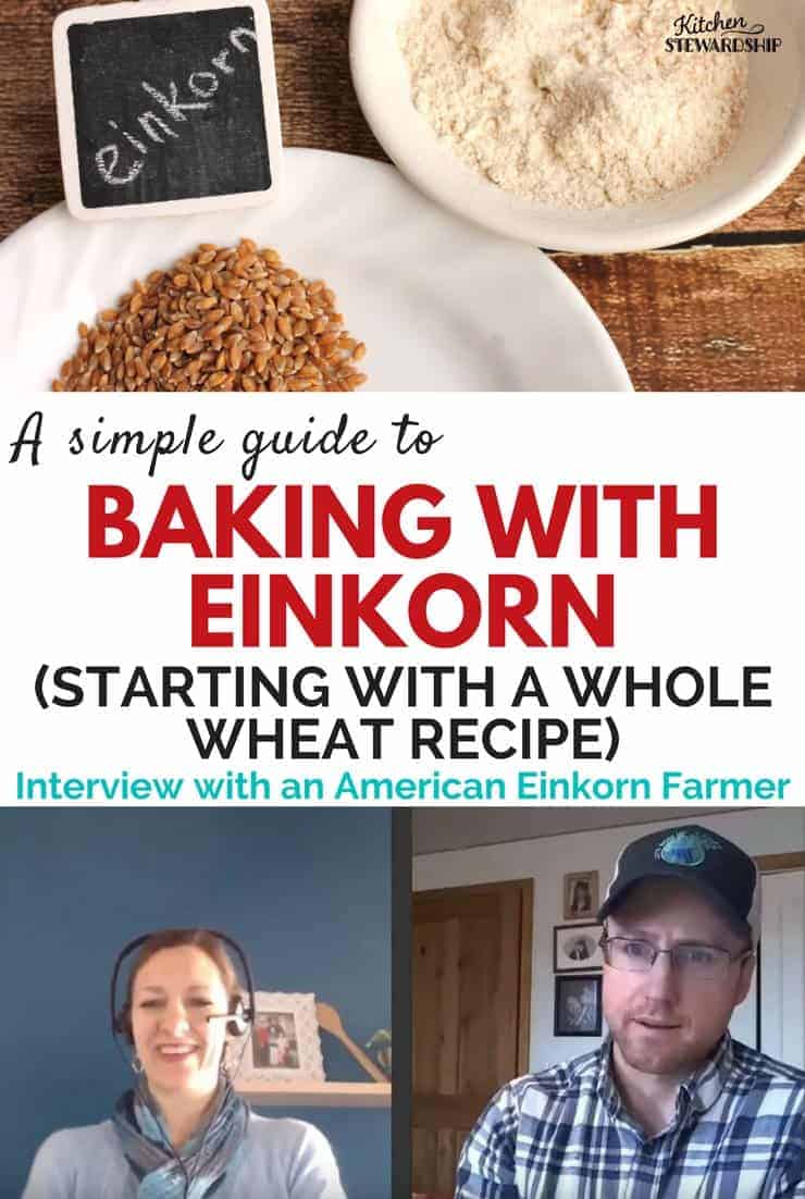Einkorn flour and grains on plates. Pictures of Katie Kimball from Kitchen Stewardship and Jade an American Einkorn farmer.