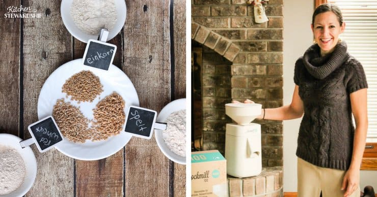 Whole grains before grinding and after grinding on a plate and in bowls. Red wheat, einkorn and spelt. Katie Kimball of Kitchen Stewardship next to her Mockmill grain grinder. 