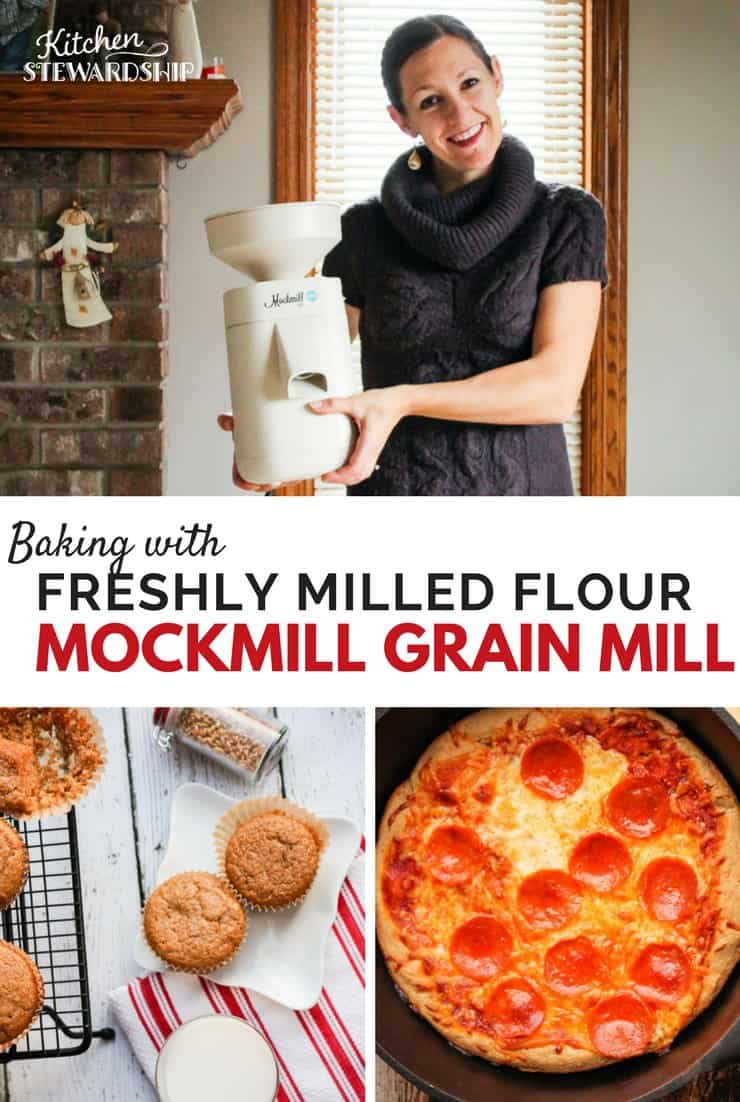 Katie Kimball of Kitchen Stewardship holding her Mockmill grain mill. Freshly baked whole grain muffins, and crispy crusted pepperoni pizza made with freshly ground whole wheat flour.