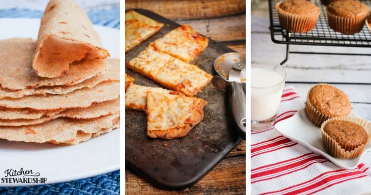 Soft gluten free tortillas, crispy gluten free pizza and peanut butter applesauce einkorn muffins. 