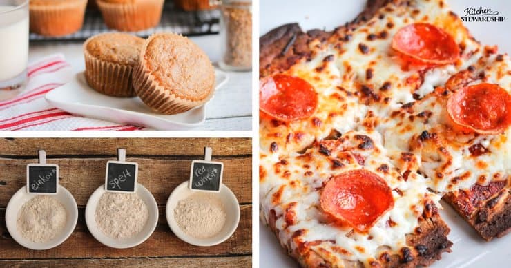 Freshly baked whole grain muffins, freshly ground einkorn, spelt and red wheat flours in bowls, homemade pepperoni pizza on a crispy homemade crust.