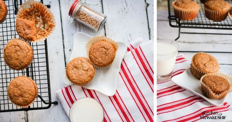 Freshly baked Einkorn peanut butter applesauce muffins on a plate and cooling rack.