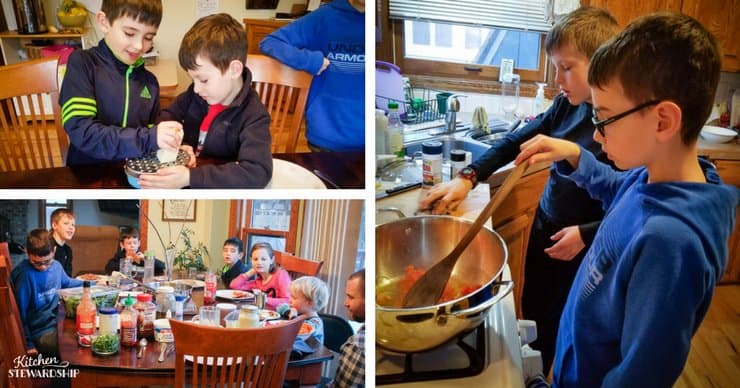 Kids cooking together, grating cheese, stirring on the stove and eating their Mexican creations together. 