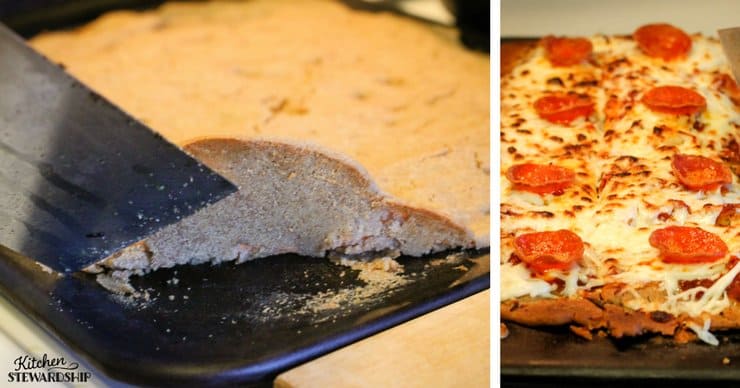 whole grain buckwheat gluten-free pizza showing the brown crust cooking