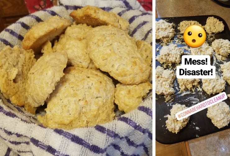 Finished baked biscuits next to the messy dough that is stuck to the pan. 