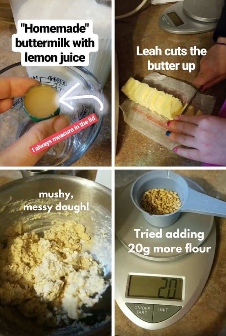Measuring lemon juice, cutting up butter, weighing grains and showing how the dough ended up being a mushy messy dough!