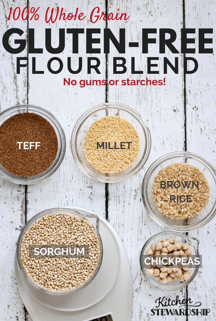 Grains for 100% whole grain gluten free flour blend in bowls.