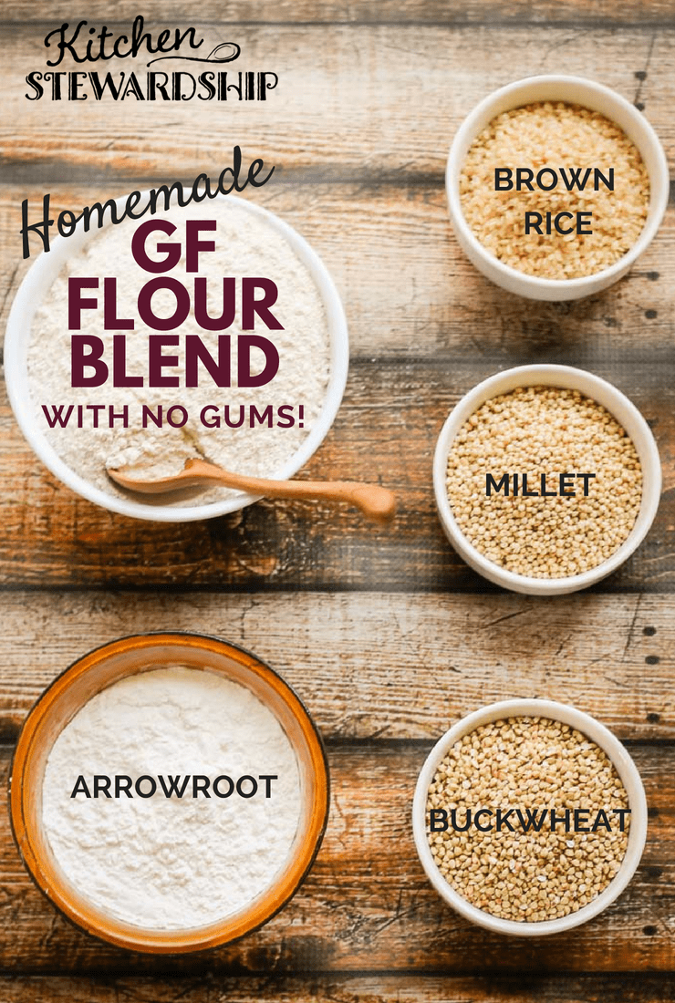 Ground gluten-free flour blend with no gums in a bowl next to the grains used to make it. 