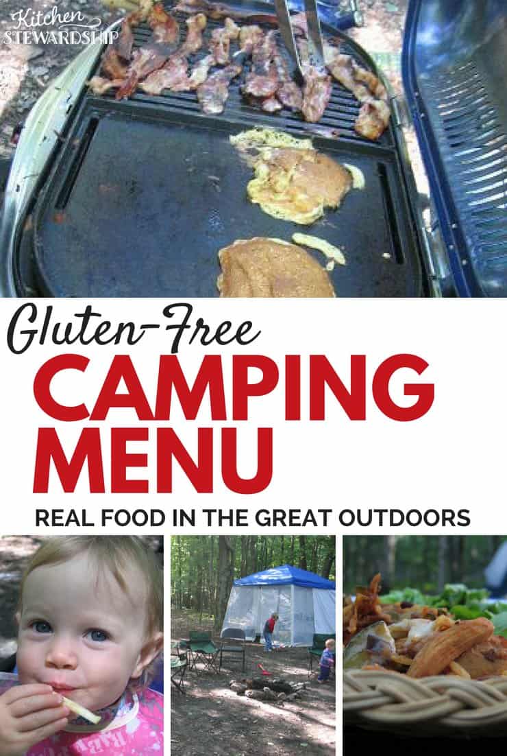 Gluten-free camping meal plan. Grilling breakfast, gluten-free pancakes and bacon. Gluten free chicken dinner.