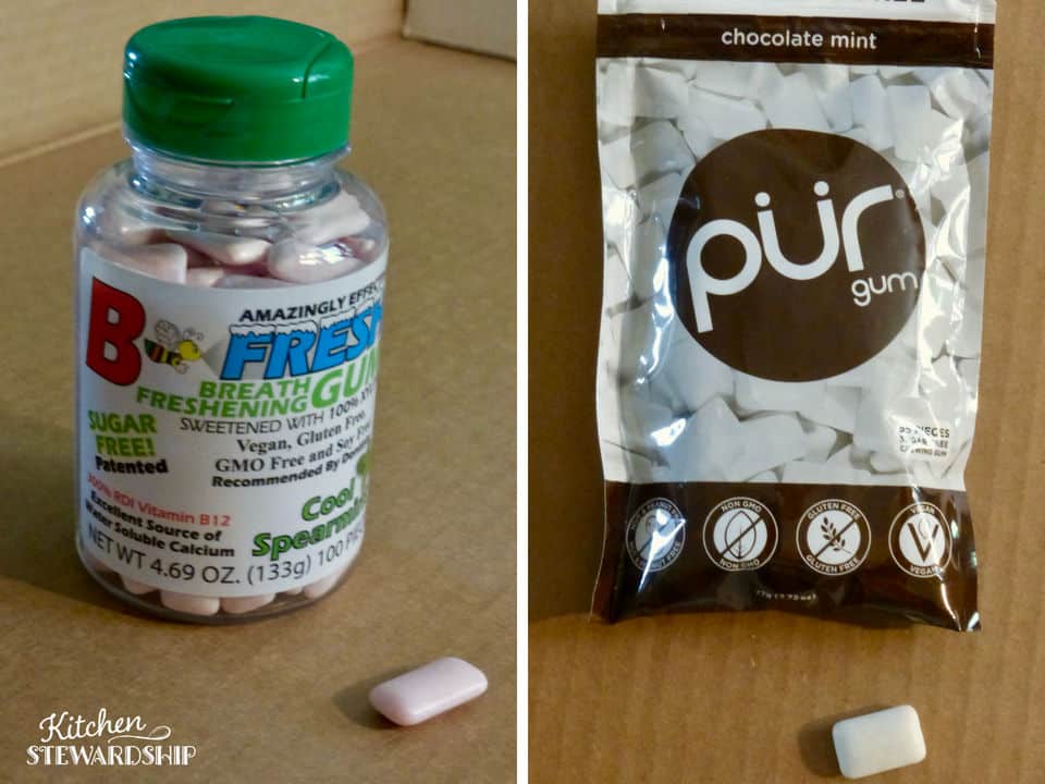 Bottle of B-Fresh and bag of Pur xylitol chewing gums. 