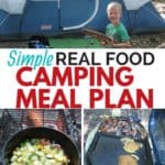 Boy in front of a tent, veggies sauteing over the campfire, grilling pancakes and bacon.