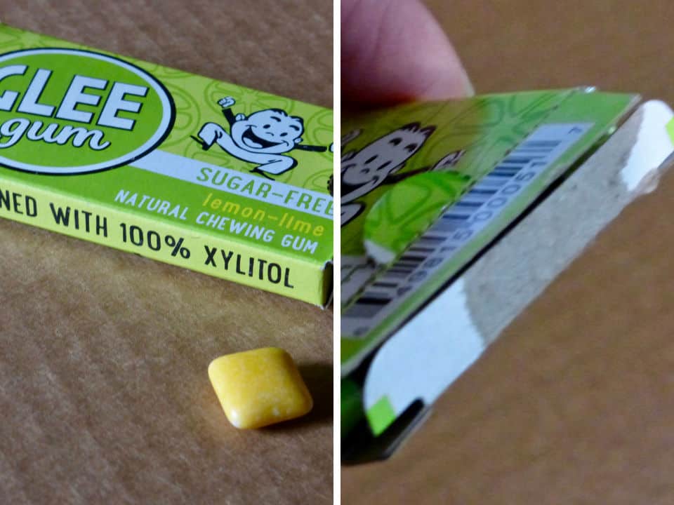 Glee xylitol chewing gum and showing how the box doesn't easily close. 