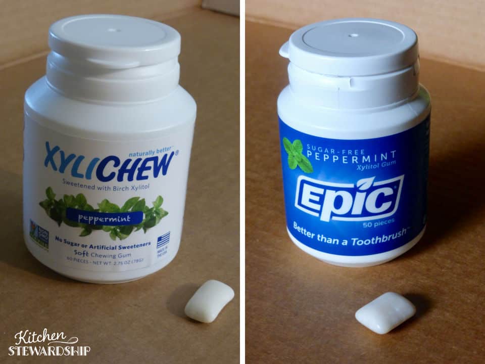 Bottle of Xylichew and Epic chewing gums with xylitol. 